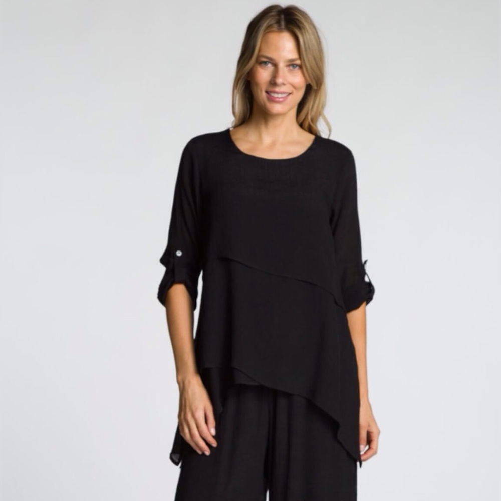 DKR Apparel Layered Hi-Low Tunic Top with Convertible Sleeves-Black